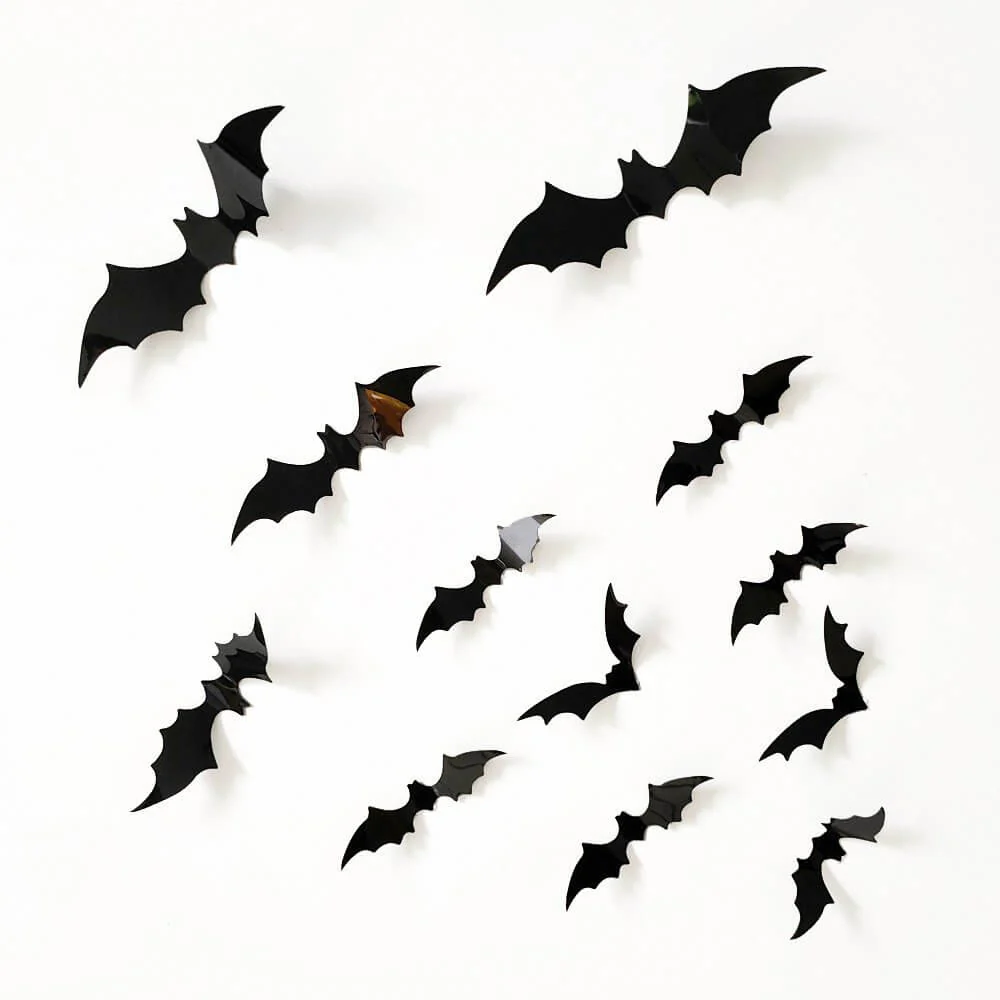 3D Black Bat Plastic Wall Stickers 12pk Party Decorations