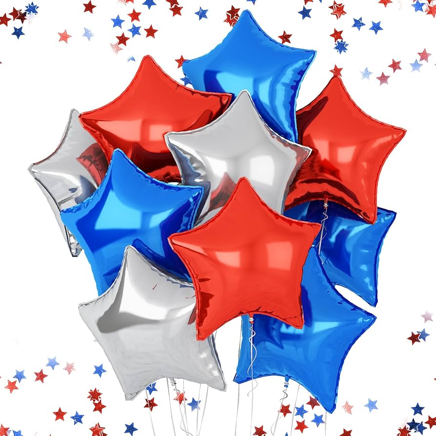 Red Blue Silver Star Foil Balloons 18 Inches