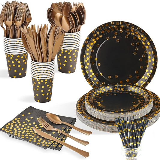 black gold color plate and cutlery set