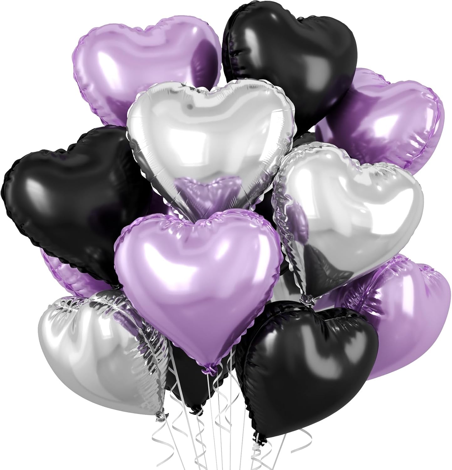 Black Silver and Lilac Heart Foil Balloons 18 Inches