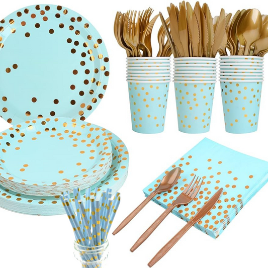 blue gold color plate and cutlery set