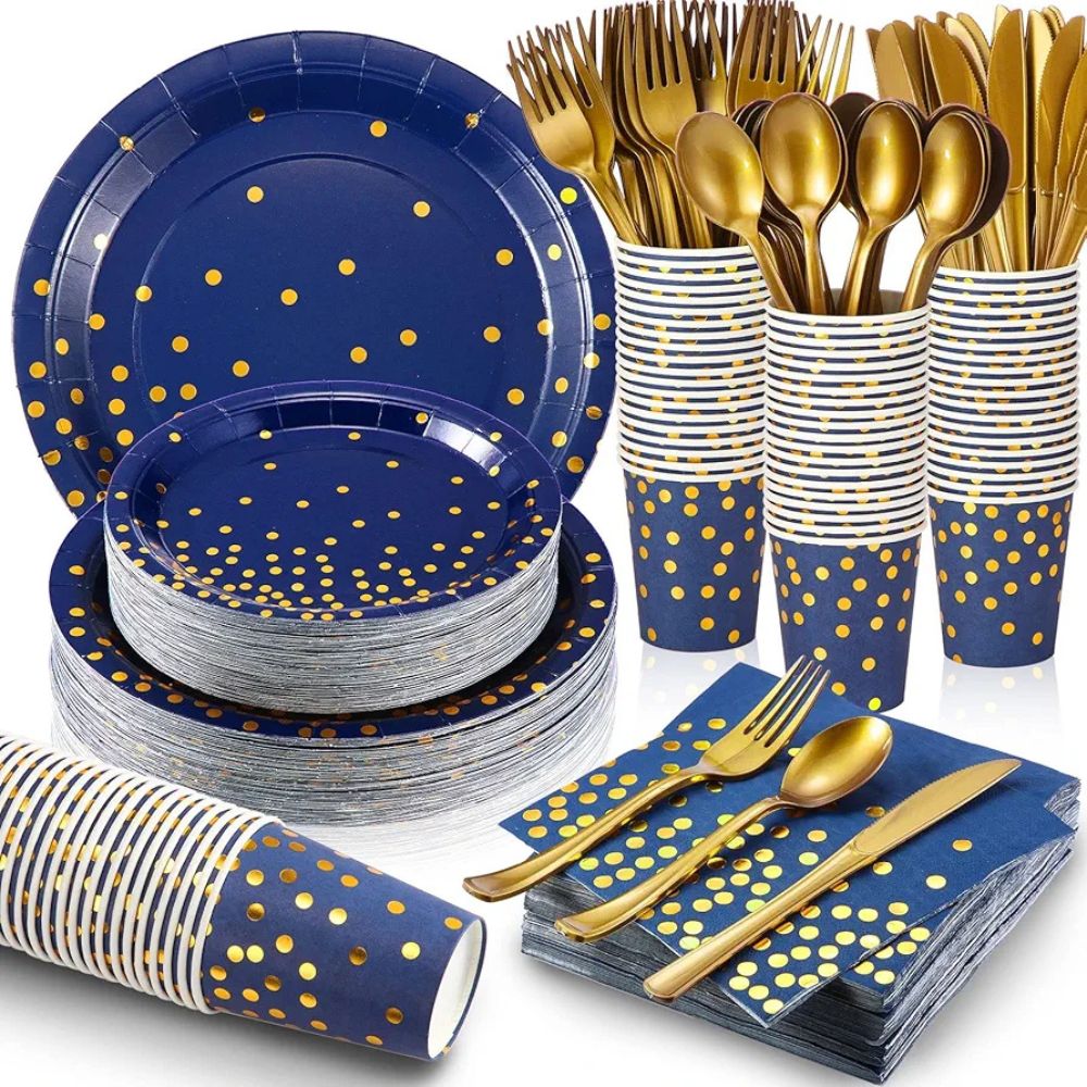 Navy Blue & Gold Party Set Plate Cup Tableware – Serves 10