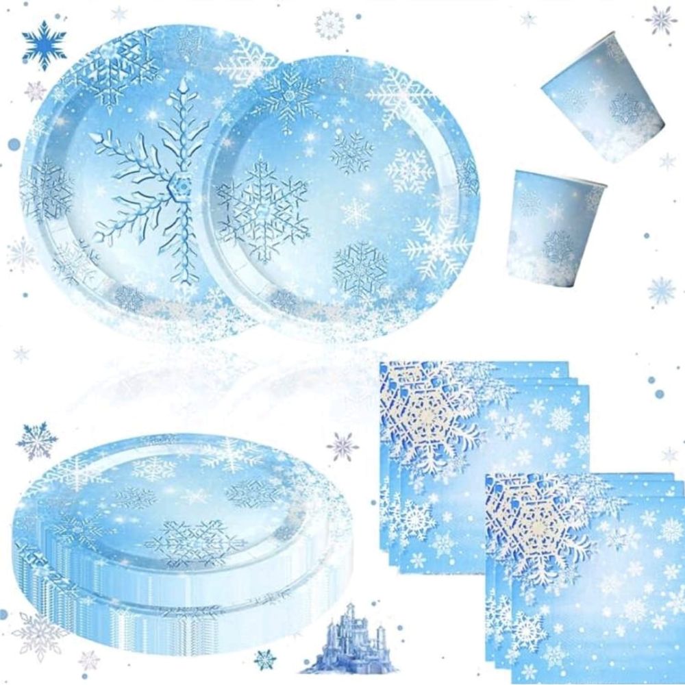 Frozen Decoration Plate Cup Tableware Winter Snowflakes Design Serves 10