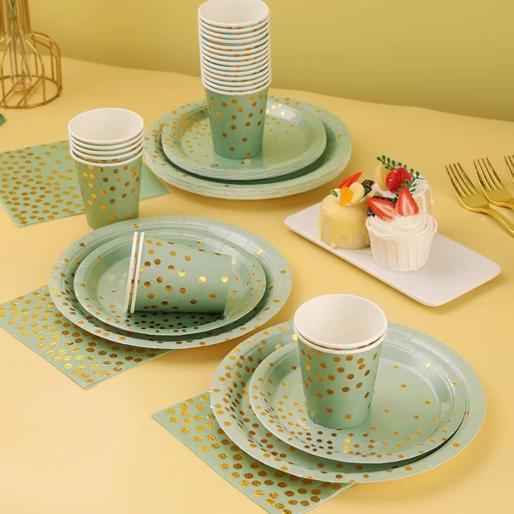 Sage Green Gold Party Set Plate Cup Tableware – Serves 10