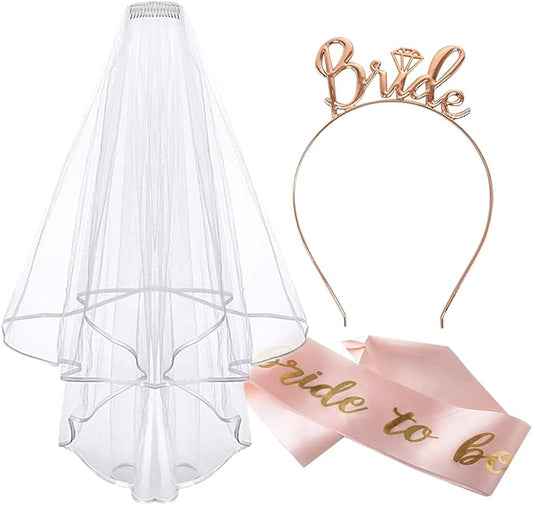 Bridal Shower Party Sash , veil and headband set - bride to be- rosegold