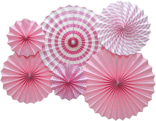 Pink paper fan decoration  -pack of 6