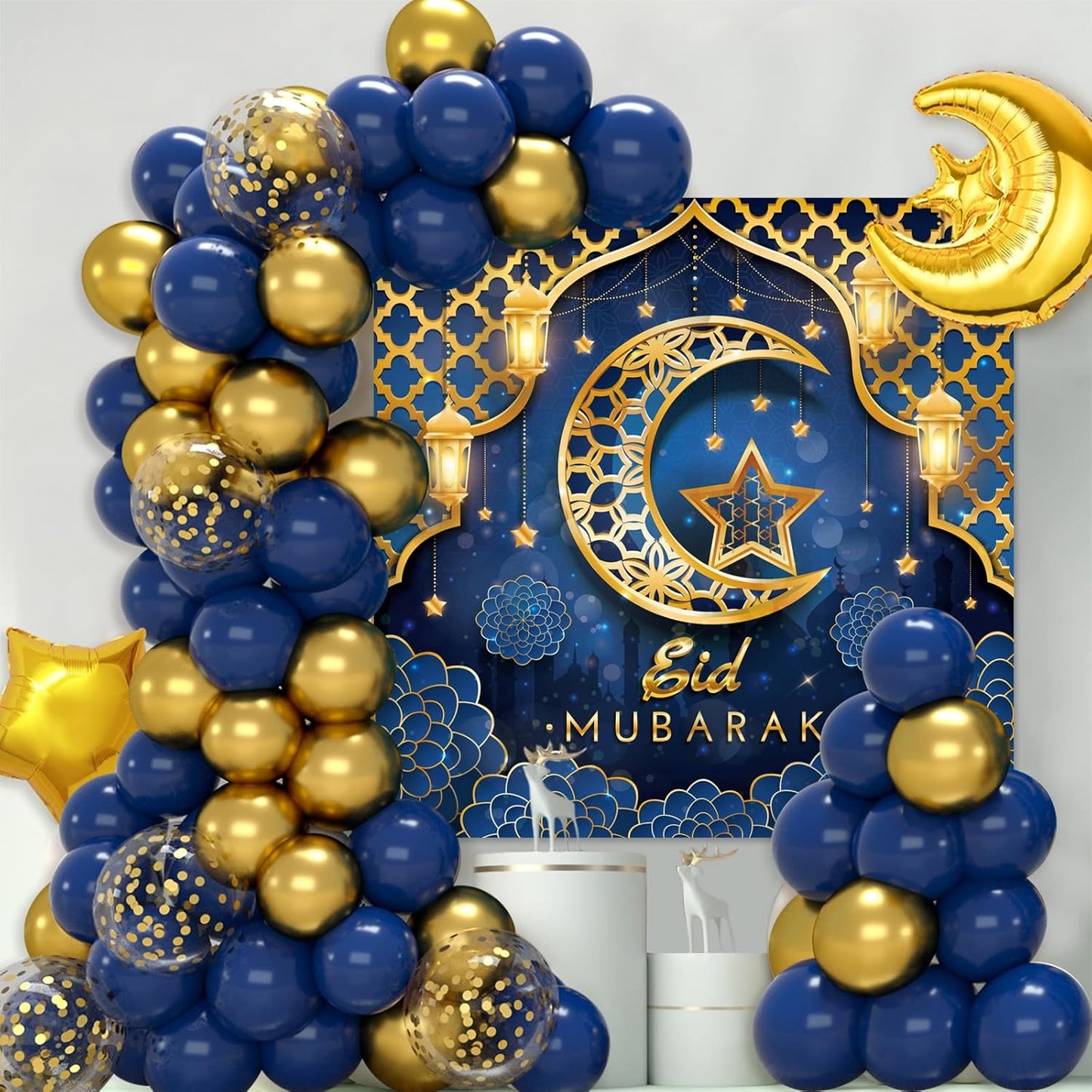 Navy blue poster and balloon decorations