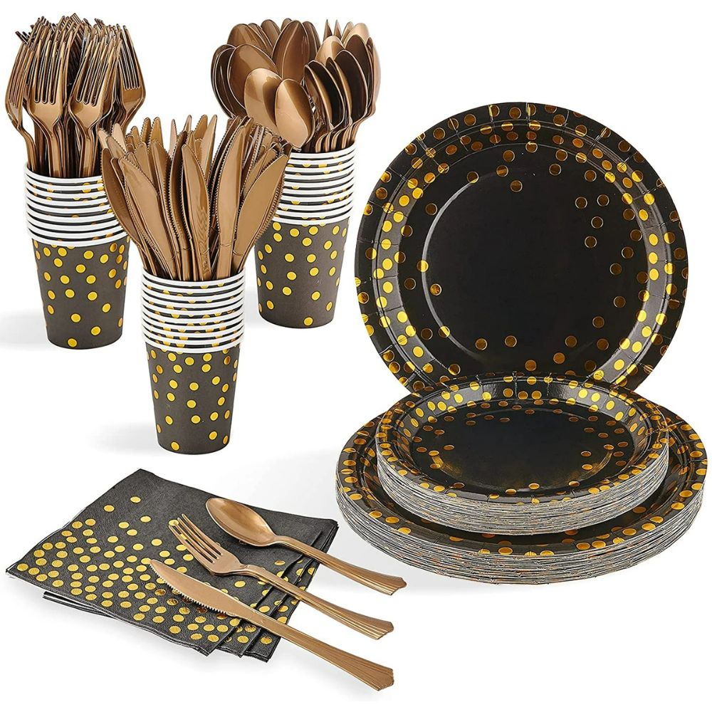 Black Gold Party Set Plate Cup Tableware – Serves 10