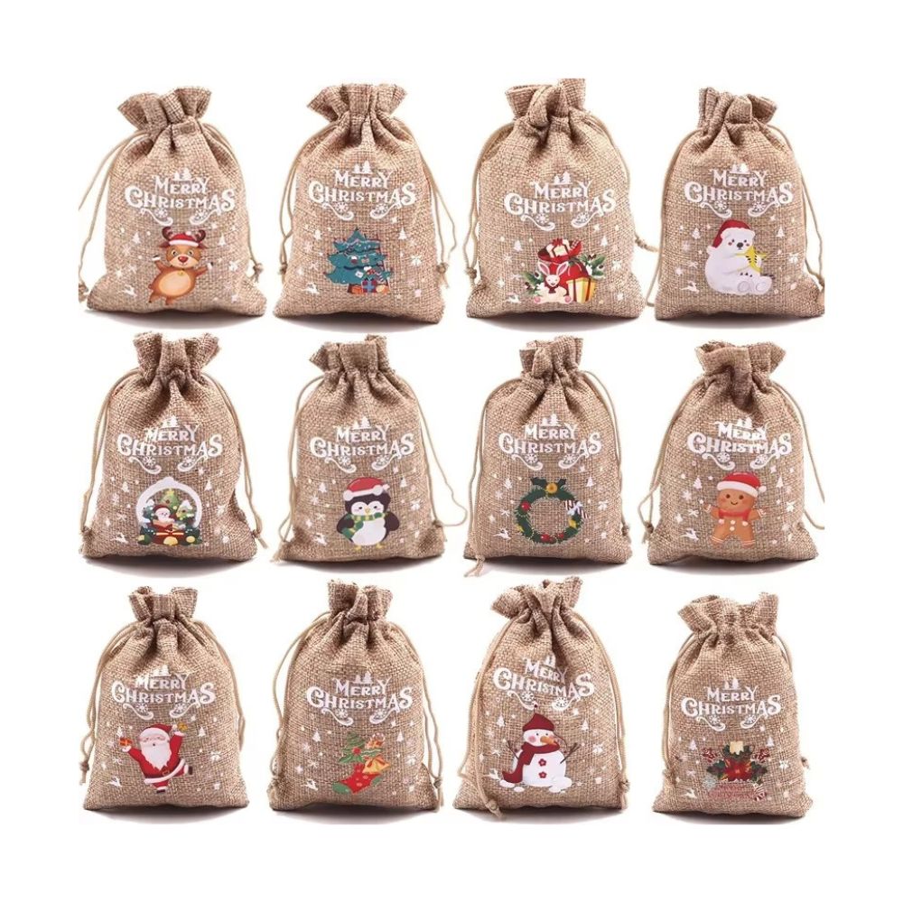 Drawstring Eco-Friendly Jute Christmas Gift Bag - Assorted - Pack of 6