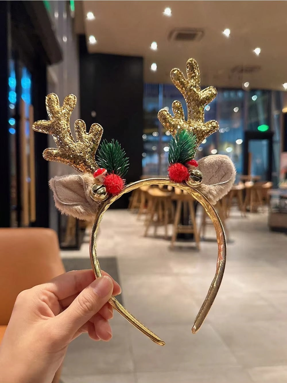 Christmas Antlers Plush Ears Bell Dear Horn Sequin Headband 1pc