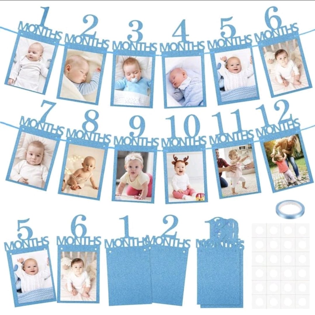 First birthday month milestone banner blue