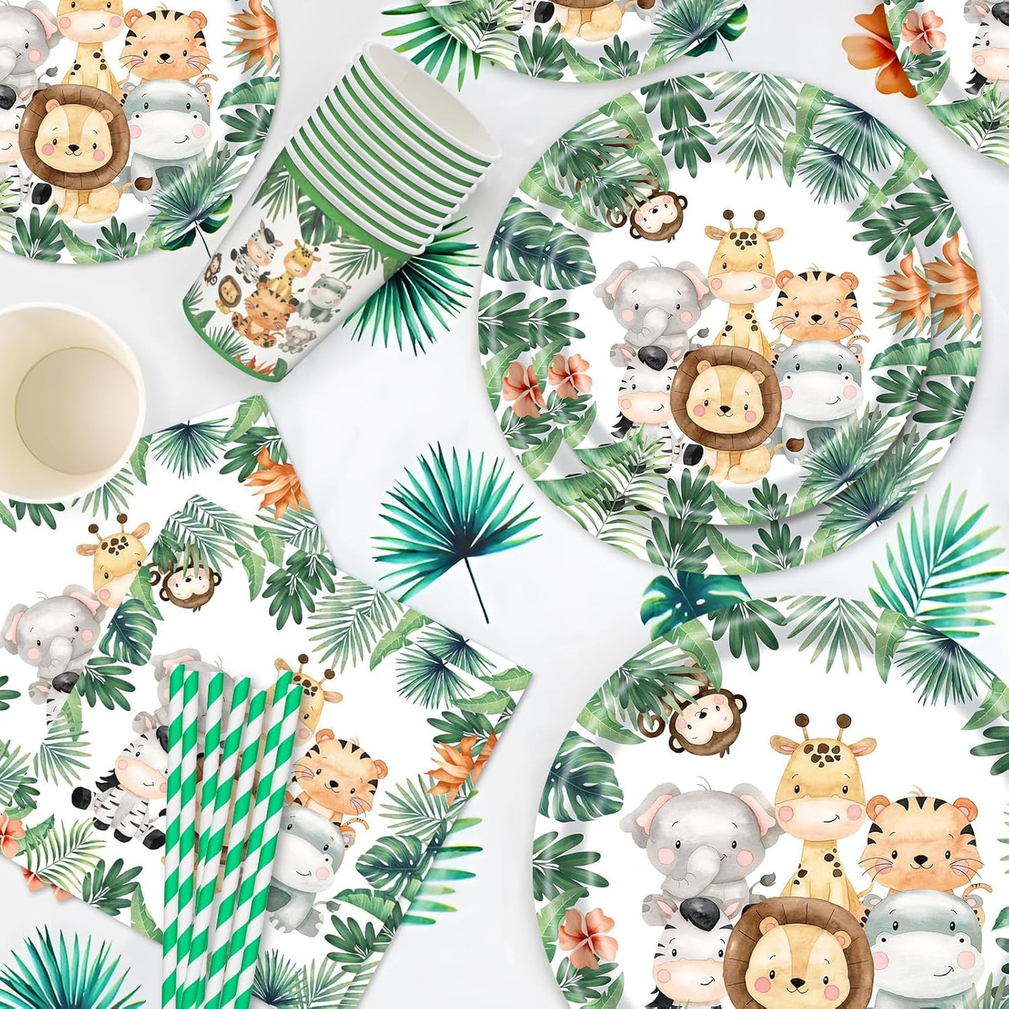 animal jungle theme plate cup and table cover set- serves 10