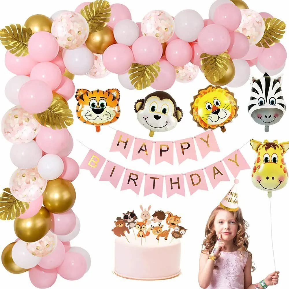 Jungle Safari Happy Birthday Decoration animals pink
