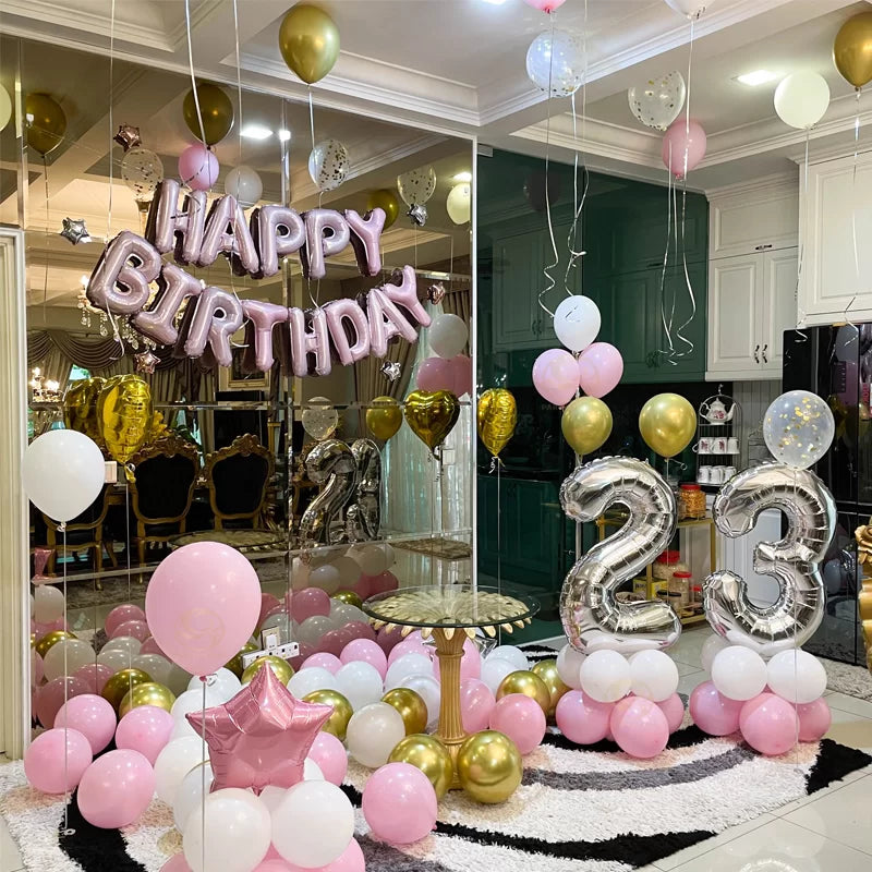 classic pink white gold birthday surprise set up