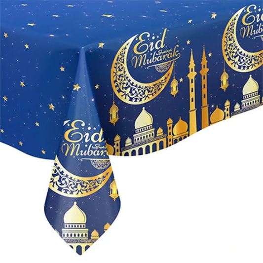 Rectangle Ramadan Table Cover Plastic Party Eid Mubarak Table Cloth - blue