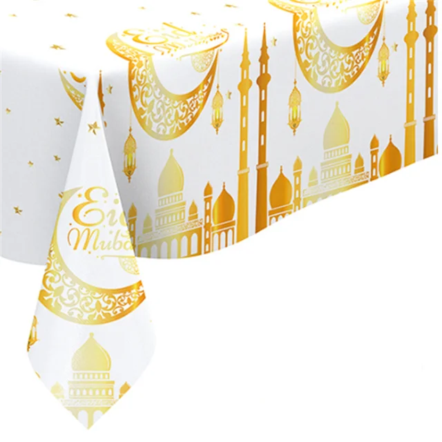 Rectangle Ramadan Table Cover Plastic Party Eid Mubarak Table Cloth - white