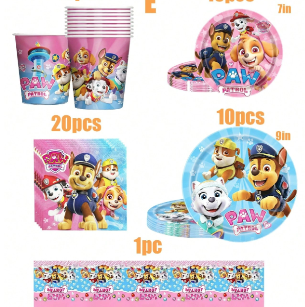 Paw Patrol pink plate cup tableware set - serves 10