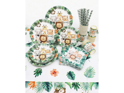 animal jungle theme plate cup and table cover set- serves 20