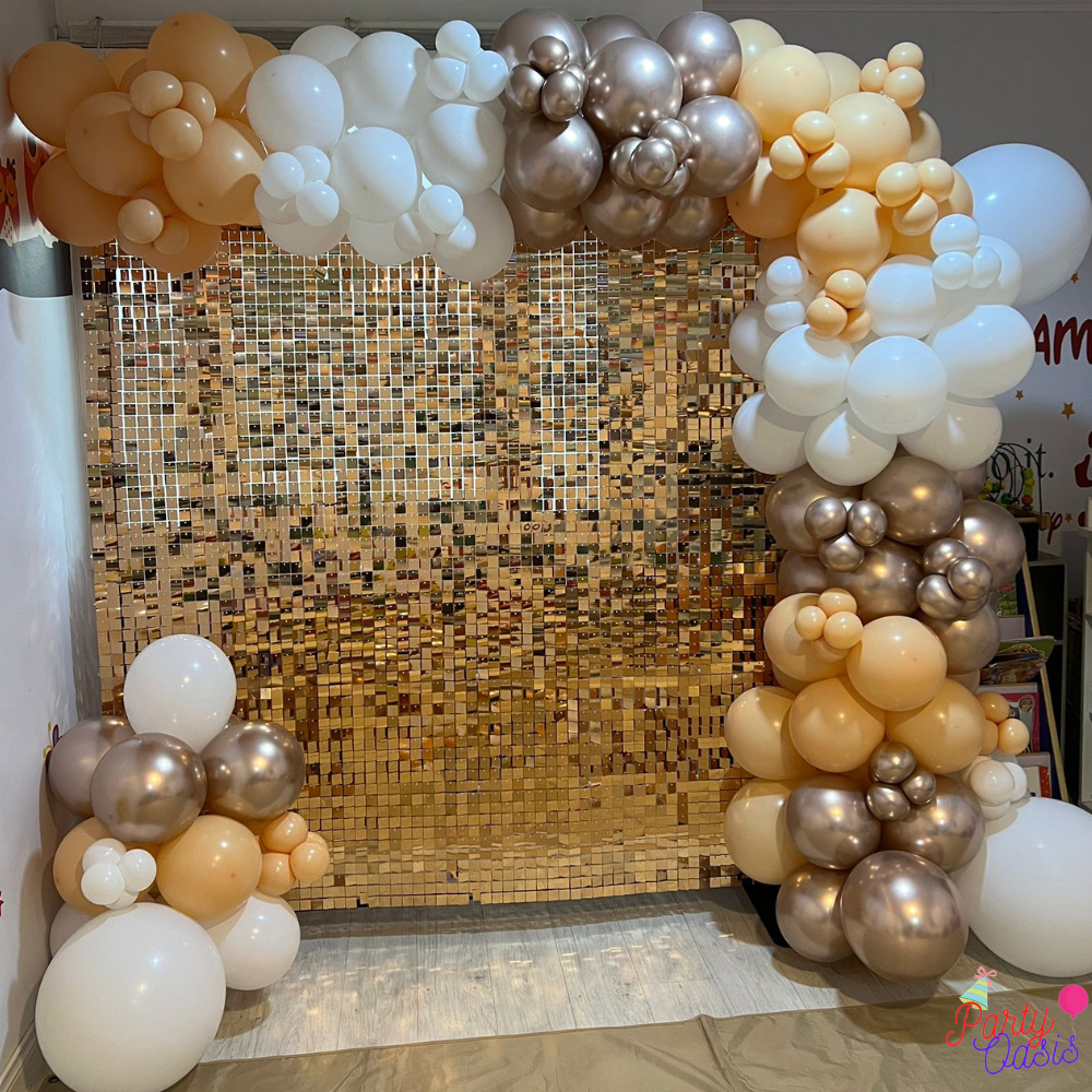 Luxury Balloon Arch Backdrop Setup with Shimmer Panel & Neon Light