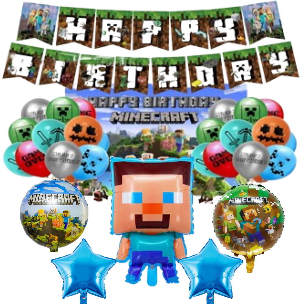 Minecraft Birthday Decoration Kit β Backdrop Poster, Balloons & Banner Set