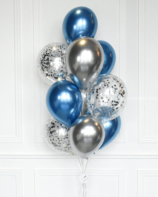 chrome blue, silver and confetti balloons - 10 pcs