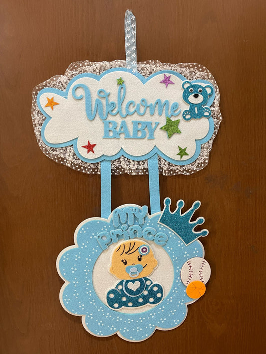 welcome baby door hanging blue