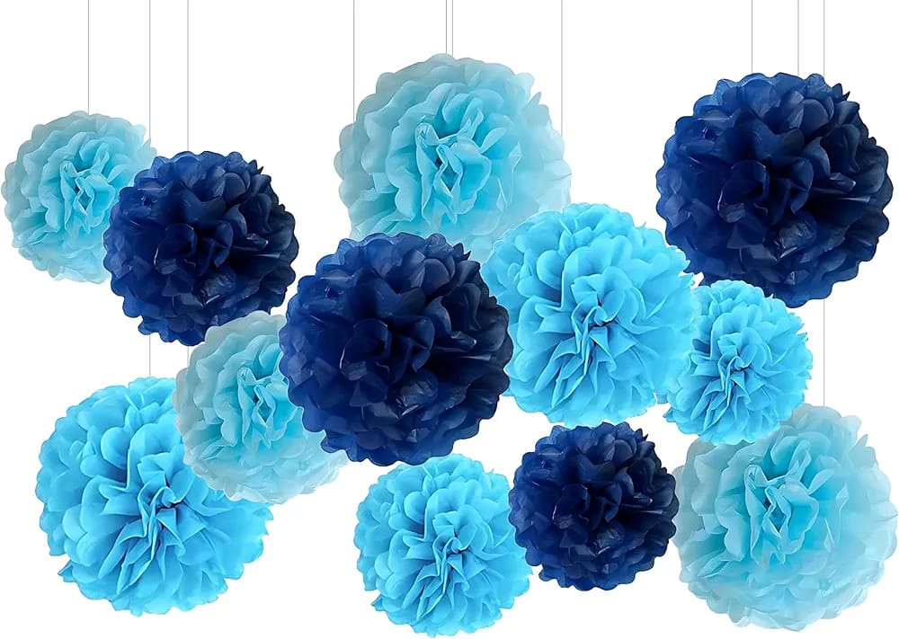 Blue Tissue Paper Pom-Poms - Party Hanging Decorations-12pcs