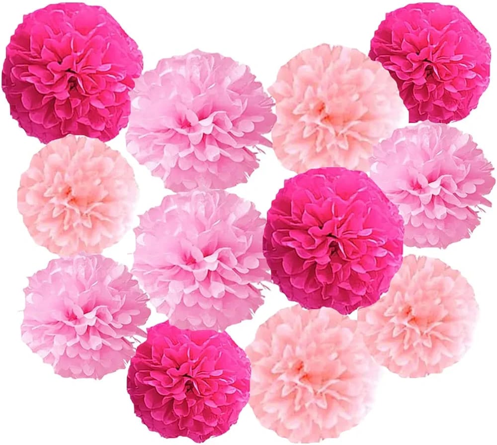 Pink Tissue Paper Pom-Poms - Party Hanging Decorations-12pcs