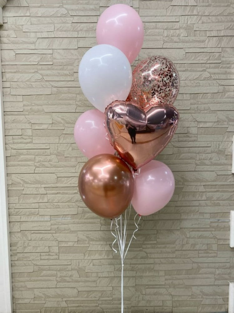 Rosegold heart with 9 latex helium balloons