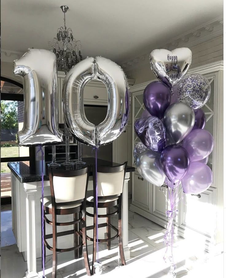 Personalized purple silver helium bunch with number foil balloons