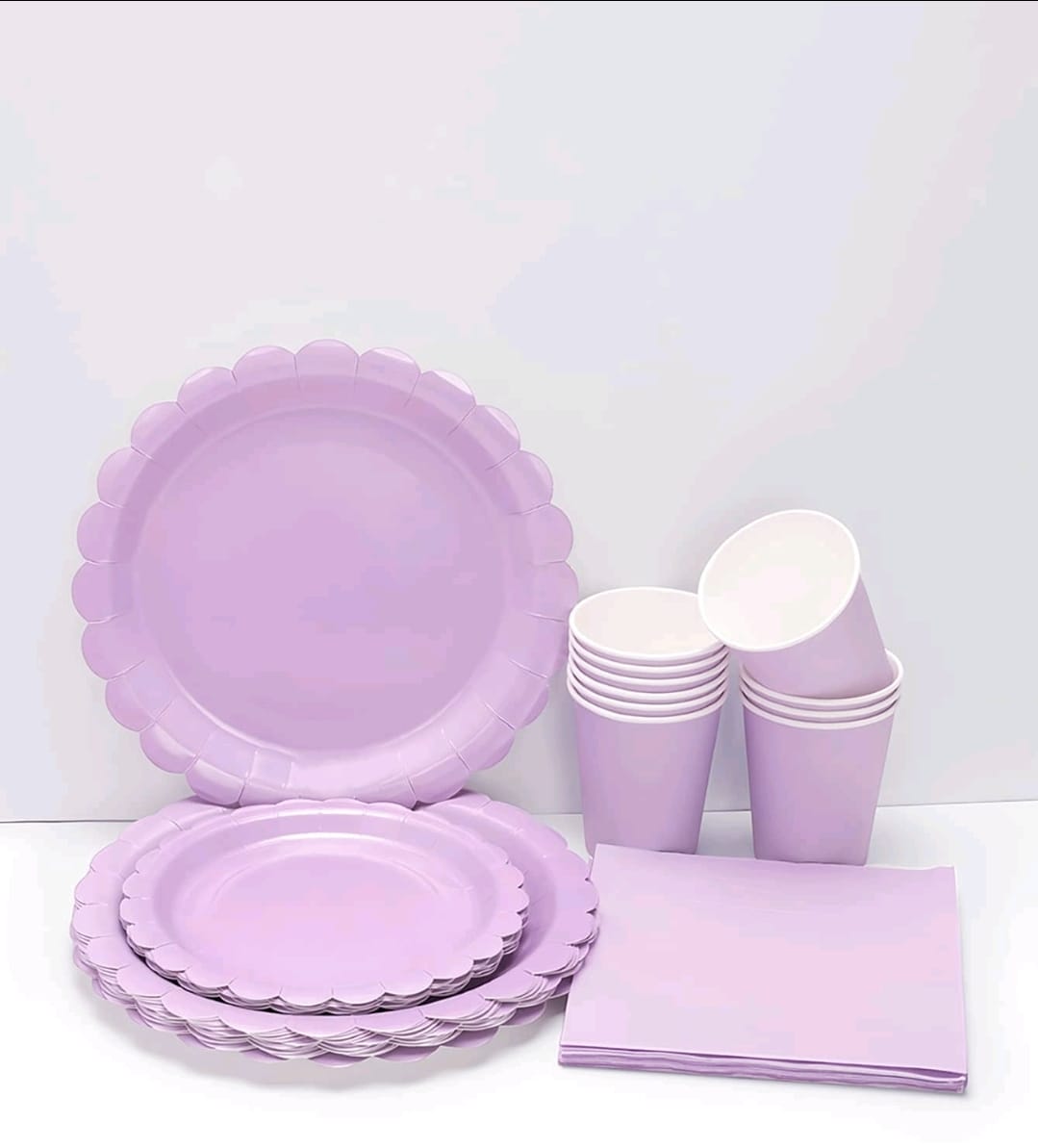 Purple plates cups and tissues tableware serves 10