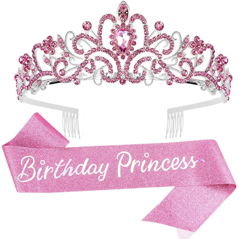 Birthday Princess sash and crown set Pink