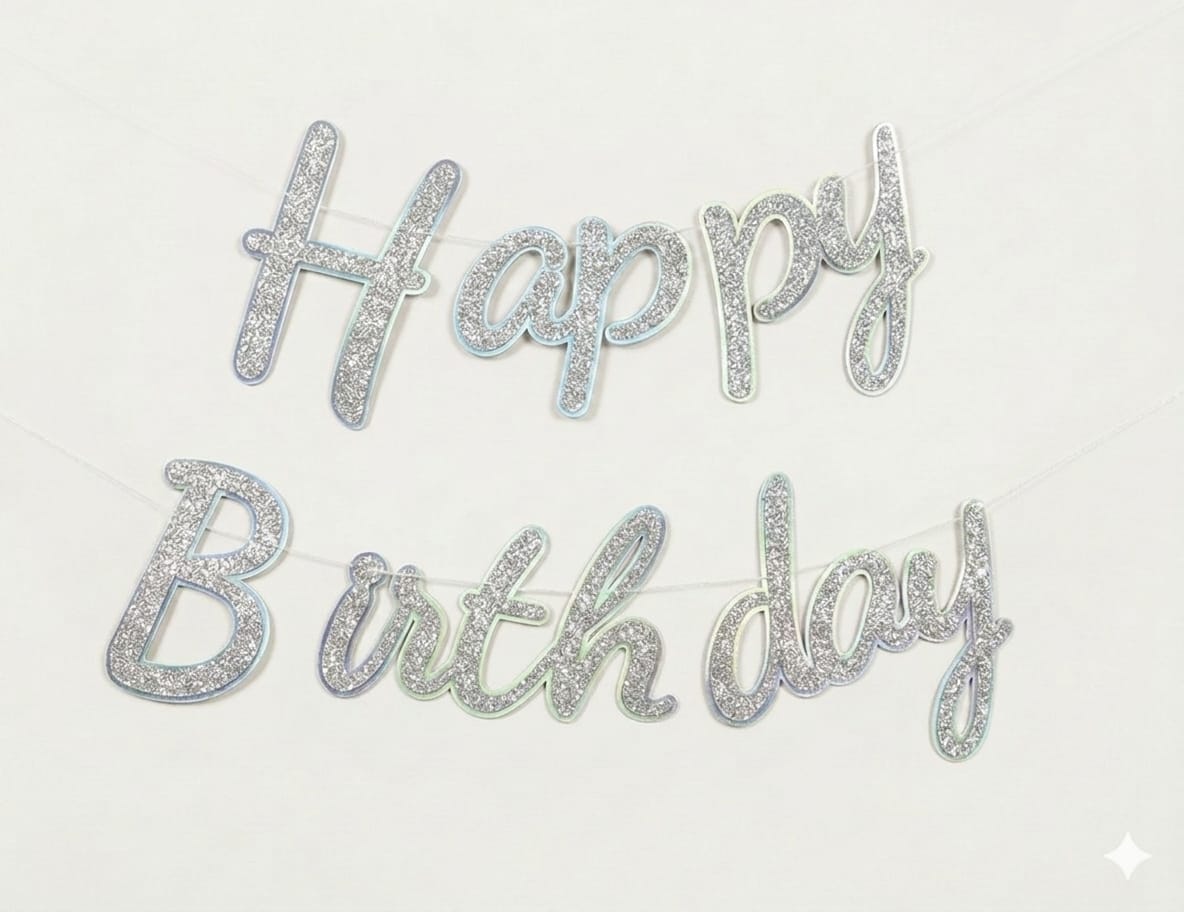 Happy birthday cursive silver glitter banner