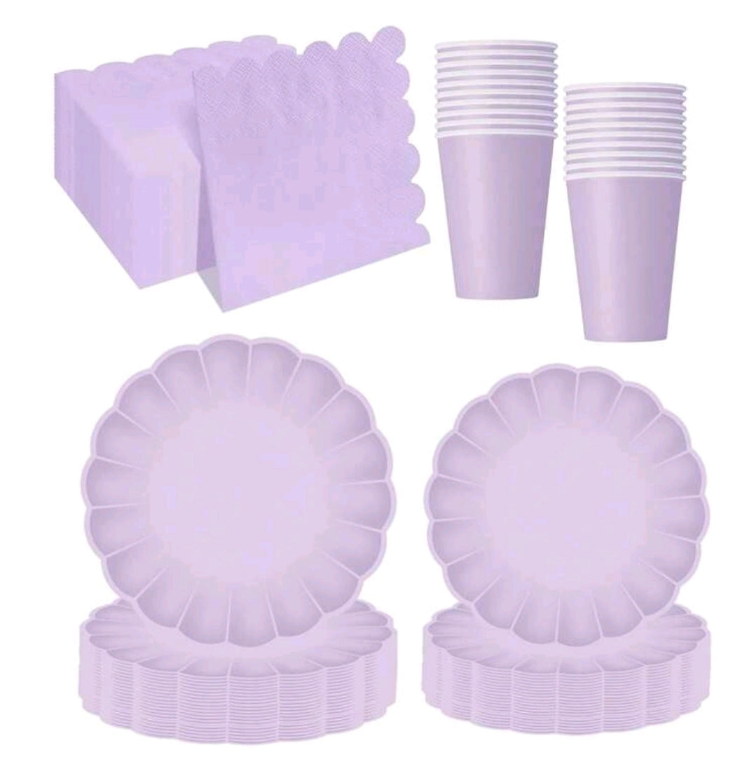 80pcs Purple Fan-Shaped Paper Plates, Paper Cups And Napkins Set pastel purple tableware