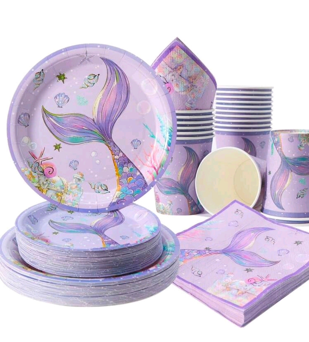 Mermaid Purple Large Fish Tail Ocean Theme Disposable Plates Napkins Cups Set, serves 25 tableware