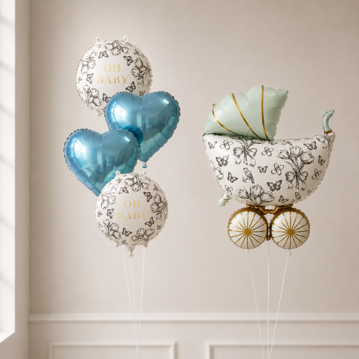 elegant Oh baby helium balloon with blue heart balloon