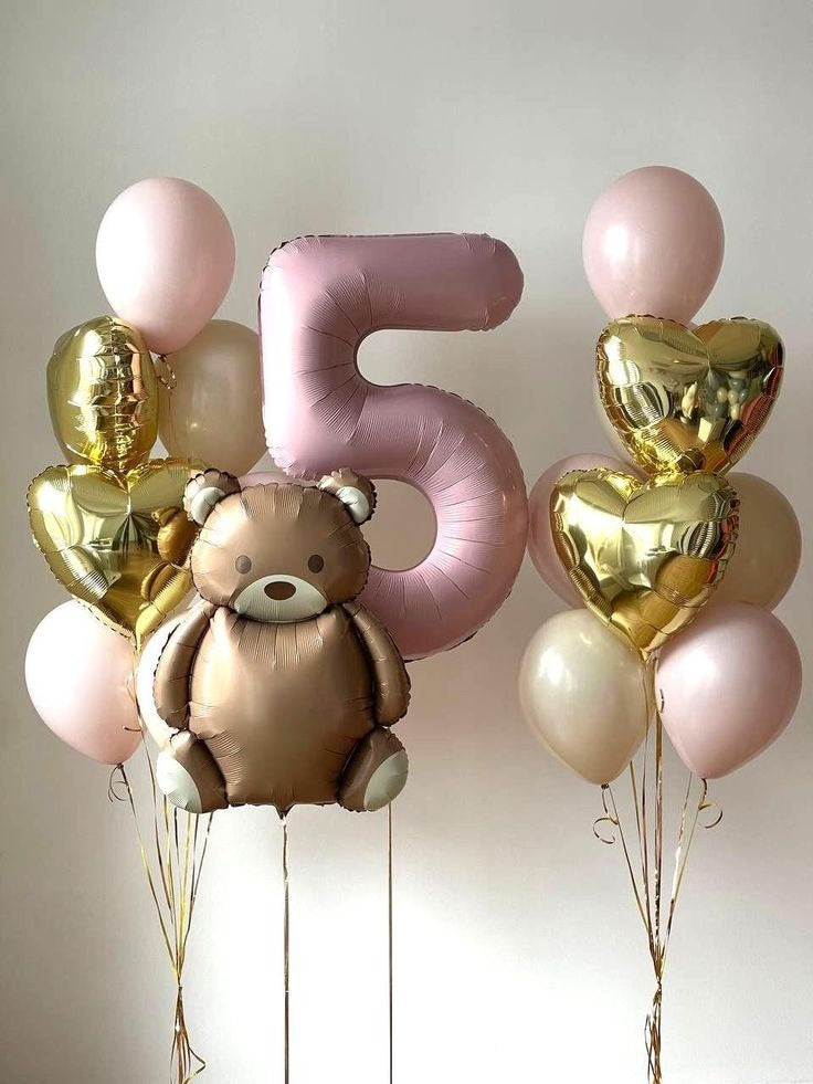 Teddy number heart helium balloons