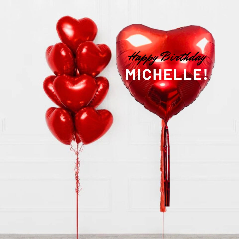 Personalized red heart helium bunch