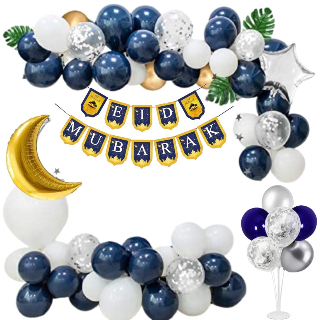 Eid Mubarak Balloon Decoration Set – Navy Blue, White & Gold