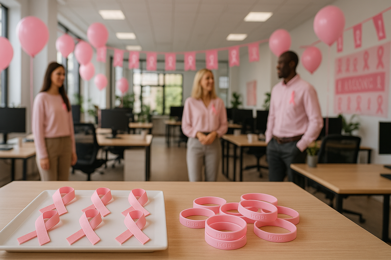 breast cancer awareness party with pink ribbon brooch and wrist band and pink balloons at coperate office