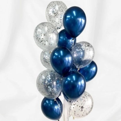 navy blue and silver confetti balloons