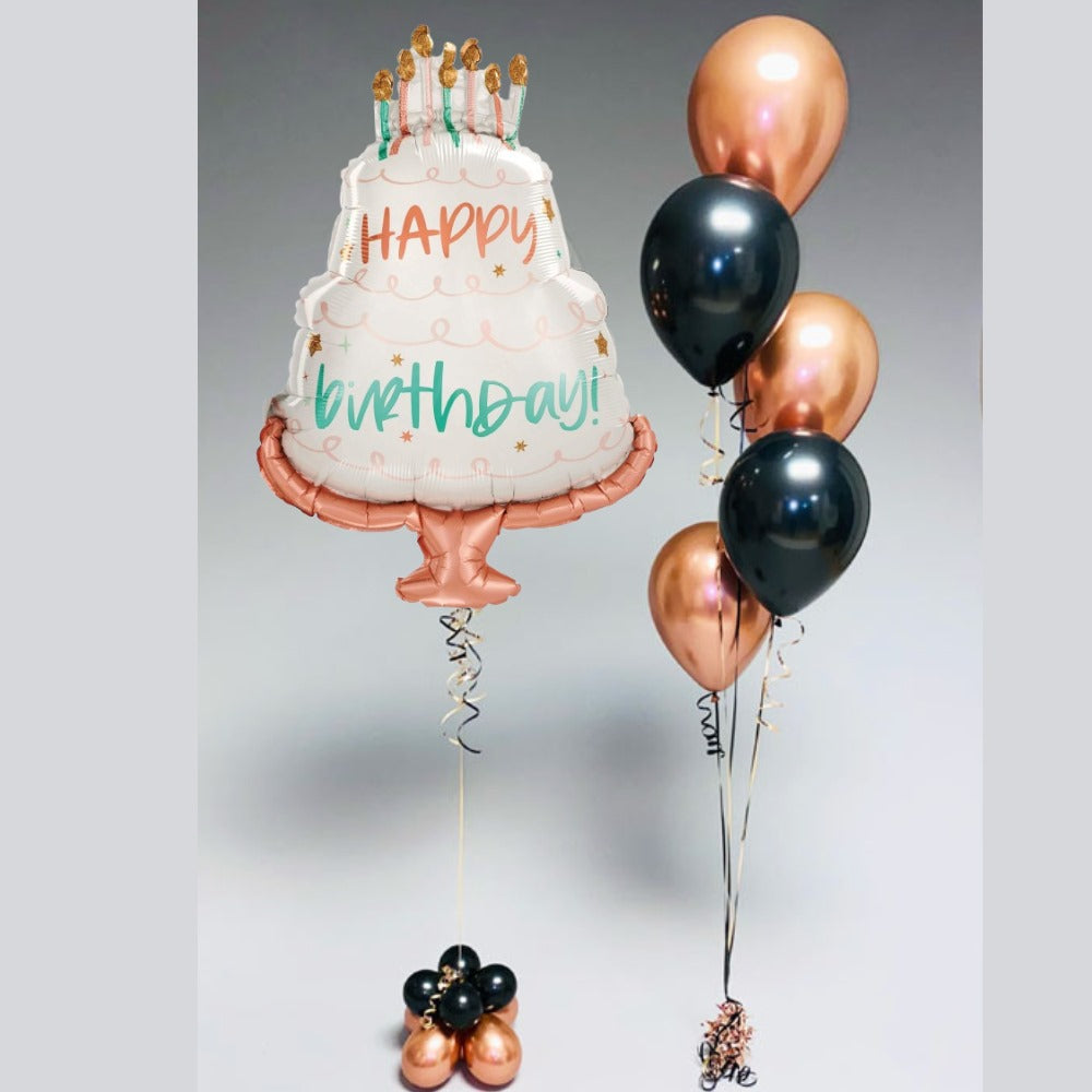 rosegold cake and helium bunch