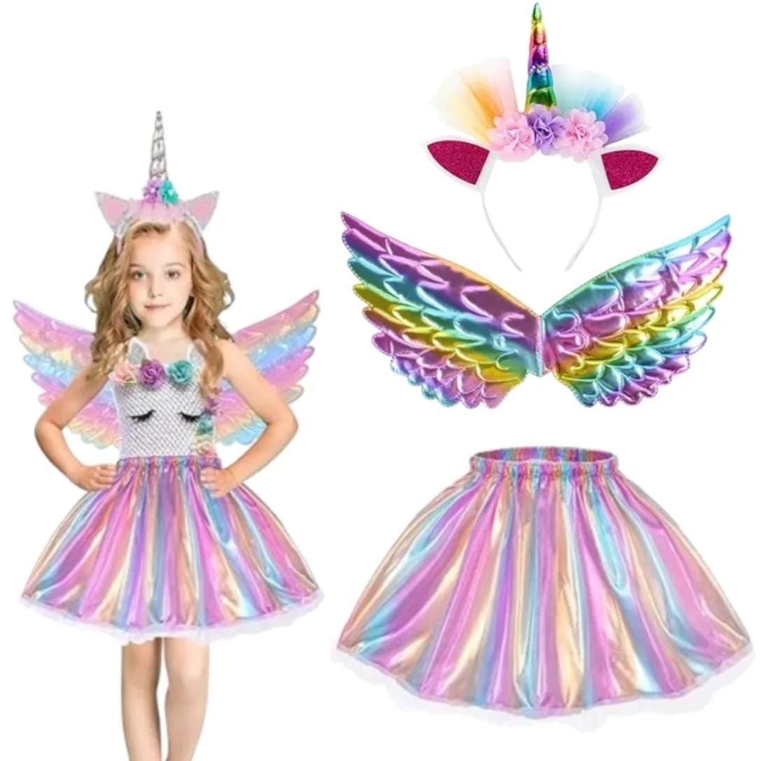 Unicorn costume princess set of 3 rainbow tutu skirt, headband and wings for cosplay
