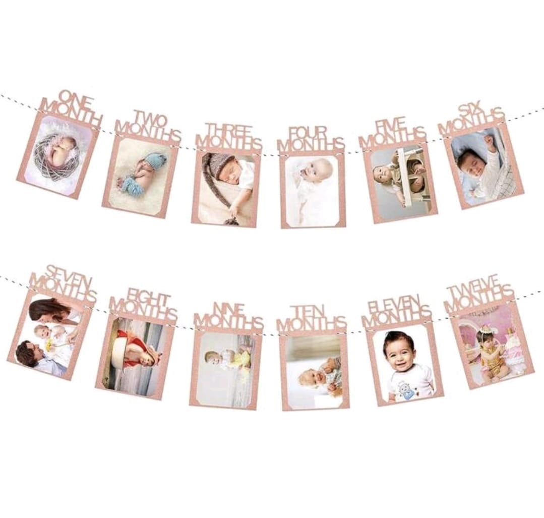 First birthday month milestone banner rosegold