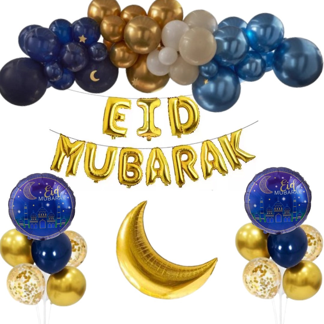 Eid Mubarak Balloon Decoration Set – Festive Gold & Blue Theme
