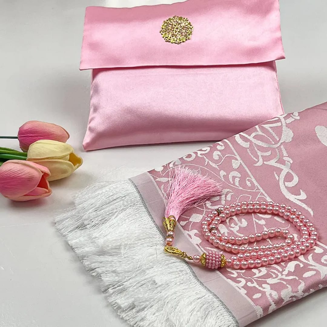 Satin pink prayer mat and beads set