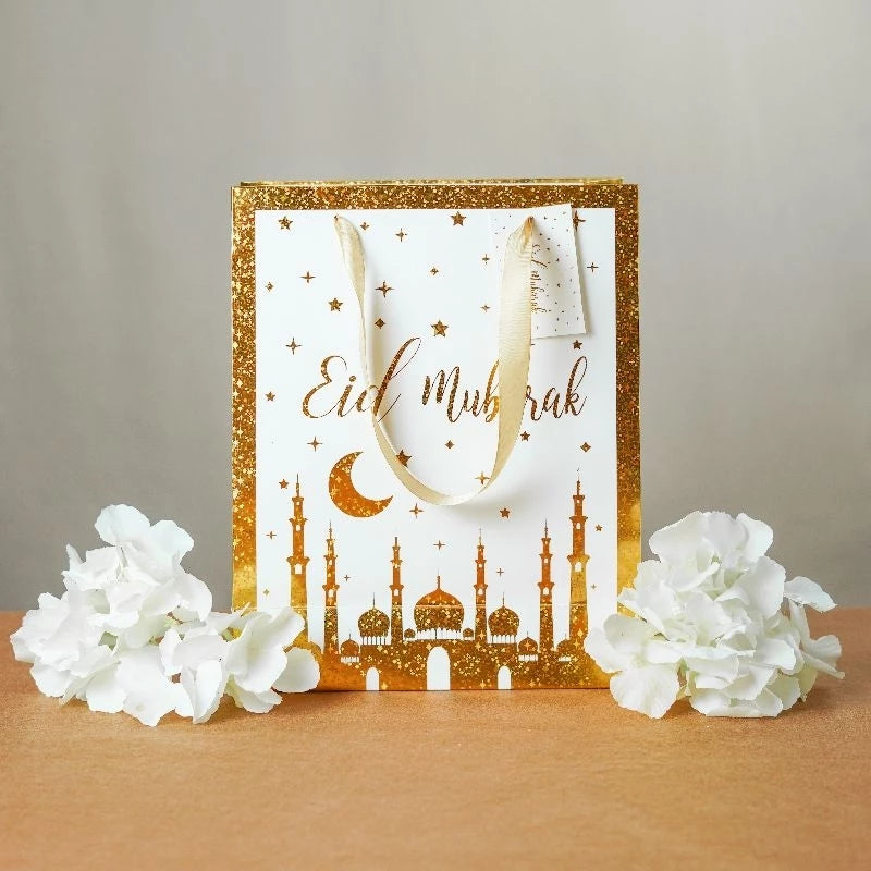Elegant Eid Mubarak Gift Bag – White & Gold - pack of 5