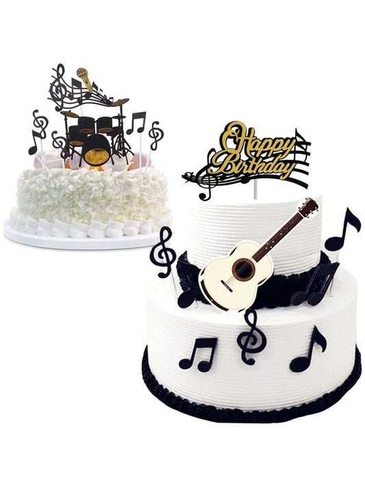 16pcs Musical Instrument & Slogan Graphic Cake Topper, Paper Cake Top Decoration For Birthday Party