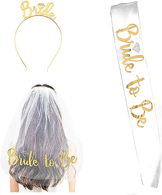 Bridal Shower Party Sash , veil and headband set - bride to be- gold