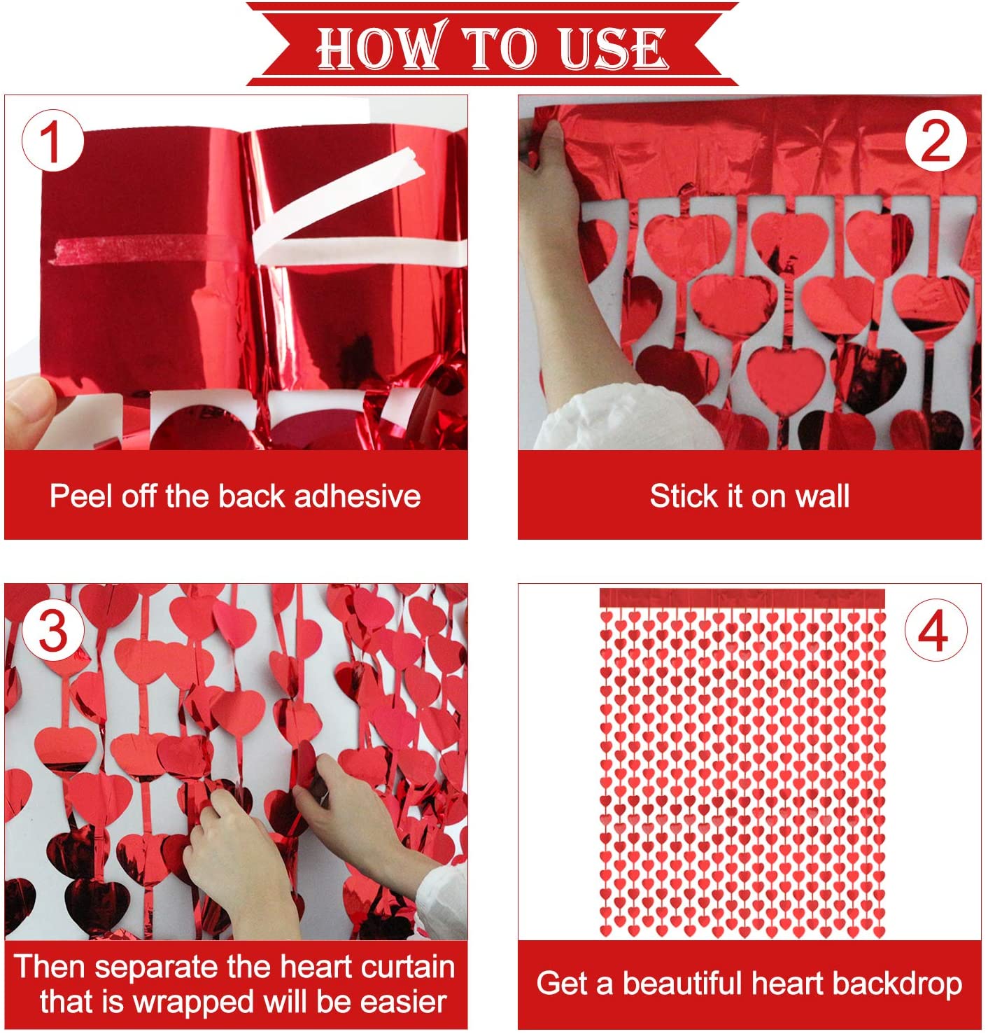 Red Heart Curtain Foil Tinsel Fringe Curtain, 1m x 2m